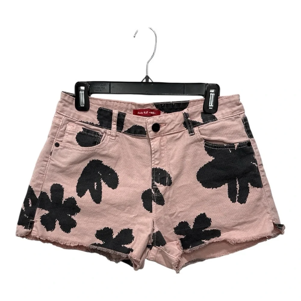 Smoke Rise Red Black Jean Shorts with Bold Floral Print size L
